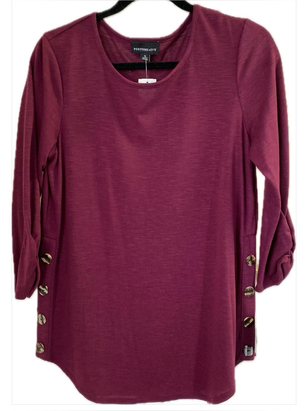Fortune + Ivy Women's Plum Button-Side Long Sleeve Tunic, Sz. M